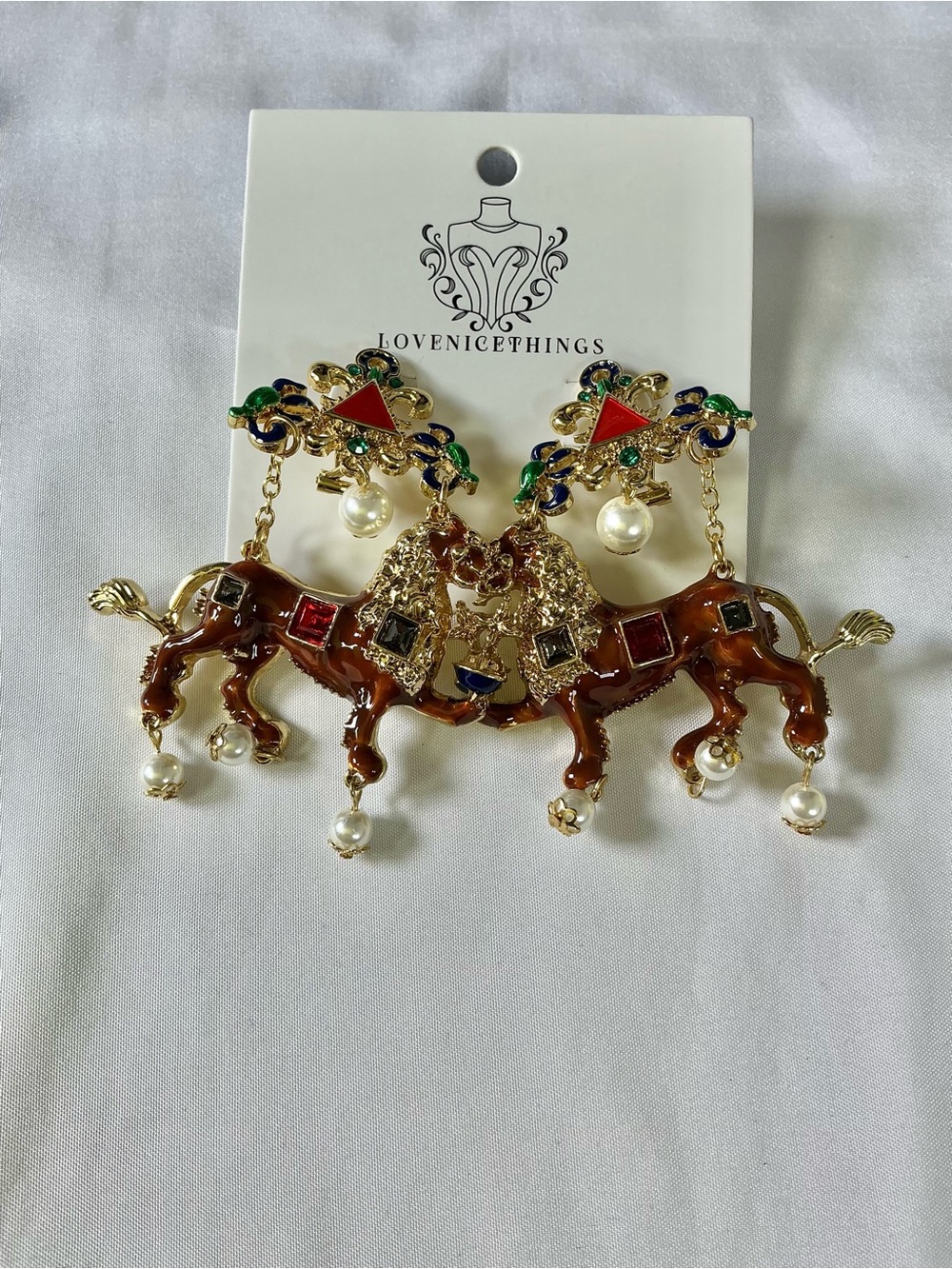 VTG Inspired Gold-plated Horse Dangle Earrings w/ Colored Stones & Pearls